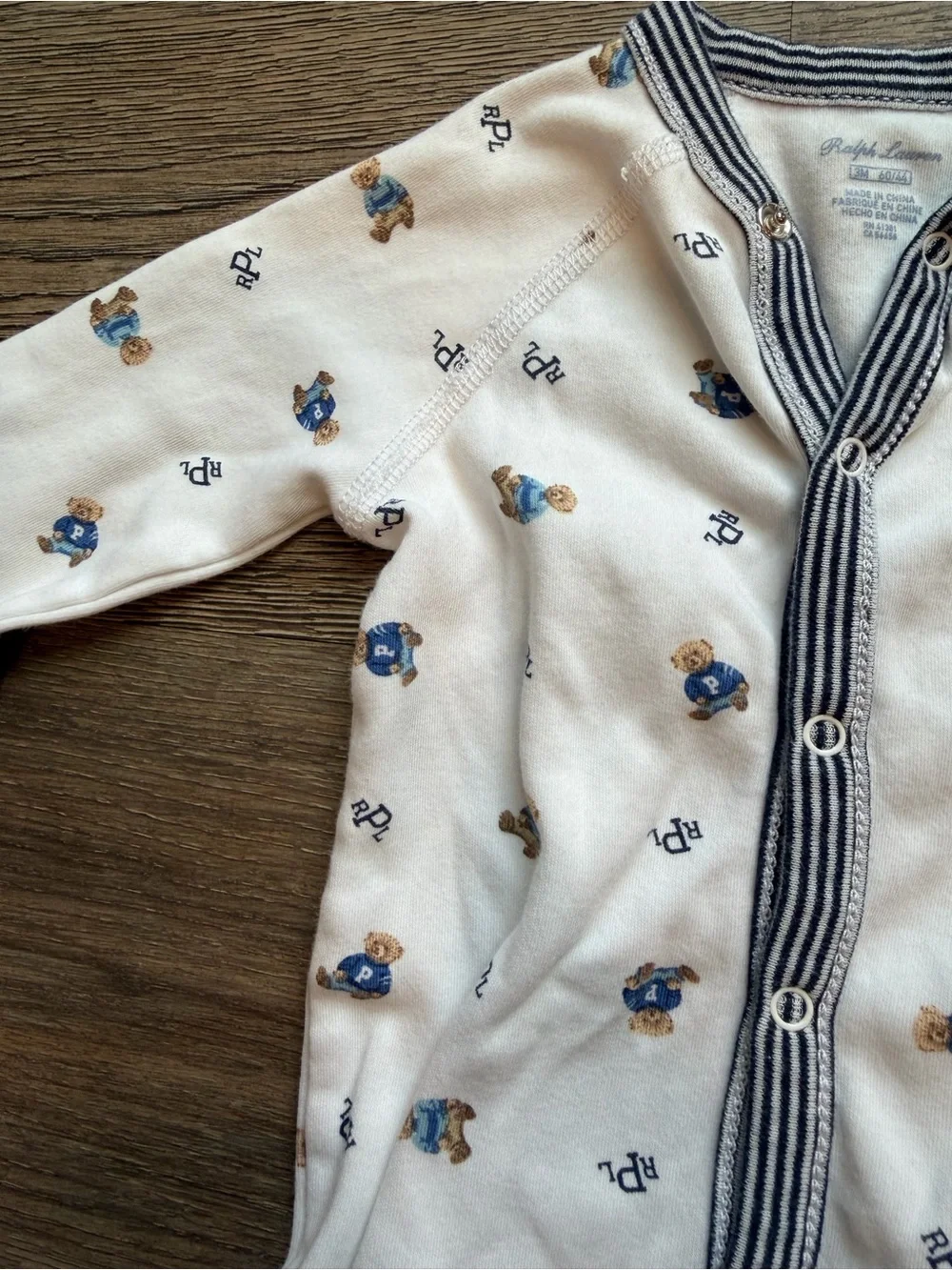 Ralph Lauren Cream Footie One-Piece with Navy Trim and Blue Print